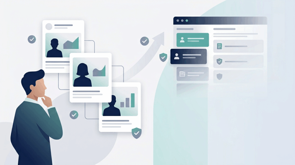 Create a 16:9, modern, minimalist blog header illustration for a post titled “Evaluating Integration Complexity Without Needing a Technical Background”Let the scene, subject, and visual metaphors be inspired directly by the title and its key concepts, not by generic office imagery. Keep the style consistent across uses: clean fintech illustration, flat design with soft gradients, smooth geometric shapes, and a calm, trustworthy mood. Use a corporate color palette built around navy, teal, soft gray, and white, with plenty of negative space on one side for overlaid title text. No text inside the image itself.
